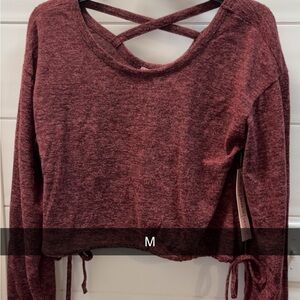 Crisscross Drawstring Cropped Sweatshirt in Burgundy